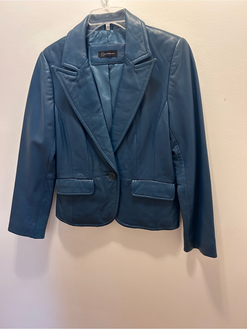 Vintage 1980’s Context Teal Blue Edgy Leather Office Blazer Jacket for Women S-M
